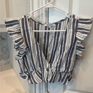 Olivaceous Blue and White Striped Ruffle Top